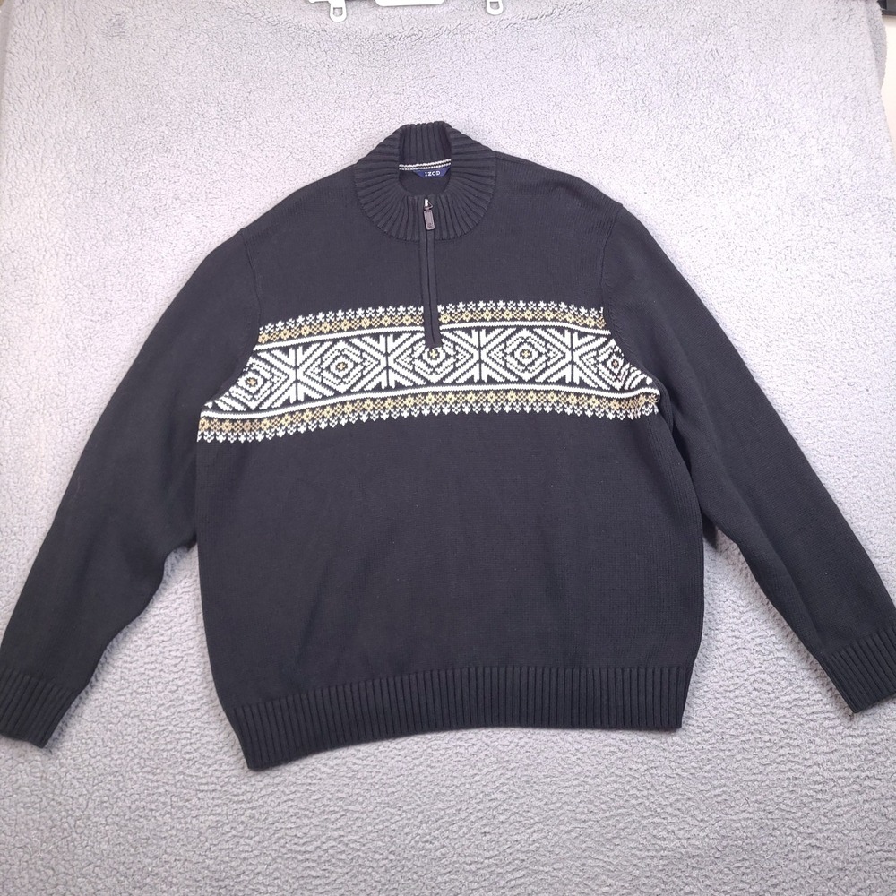 IZOD Sweater Mens XXL Black Fair Isle 1/4 Zip Pullover Cotton Blend Geometric